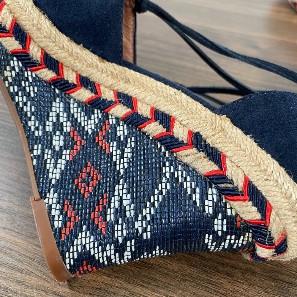 Cabi Wrap Lace-Up Blue Suede Leather Espadrille Aztec Wedge Heel Women's 5M - Picture 12 of 15
